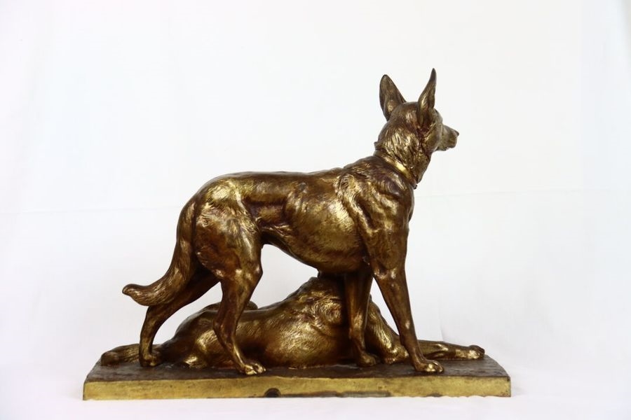 Artwork by Charles Paillet, Gilt patina bronze group featuring two dogs, Made of gilt patina bronze