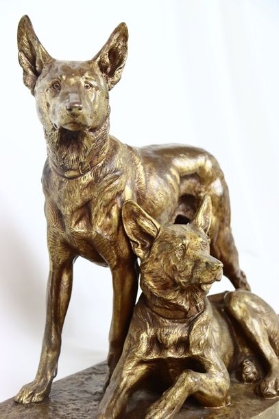 Artwork by Charles Paillet, Gilt patina bronze group featuring two dogs, Made of gilt patina bronze