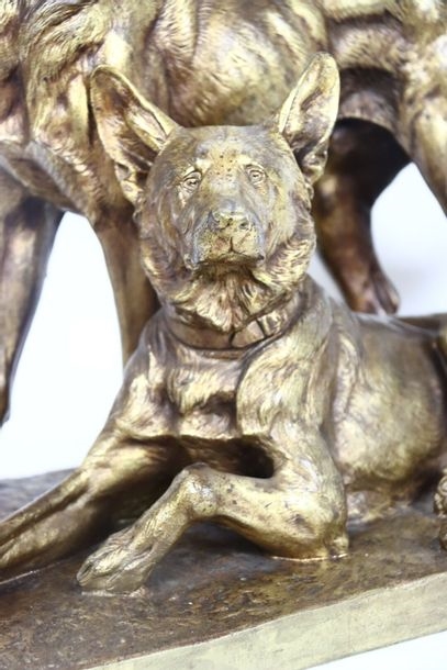Artwork by Charles Paillet, Gilt patina bronze group featuring two dogs, Made of gilt patina bronze