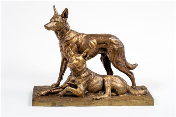 Gilt patina bronze group featuring two dogs by Charles Paillet