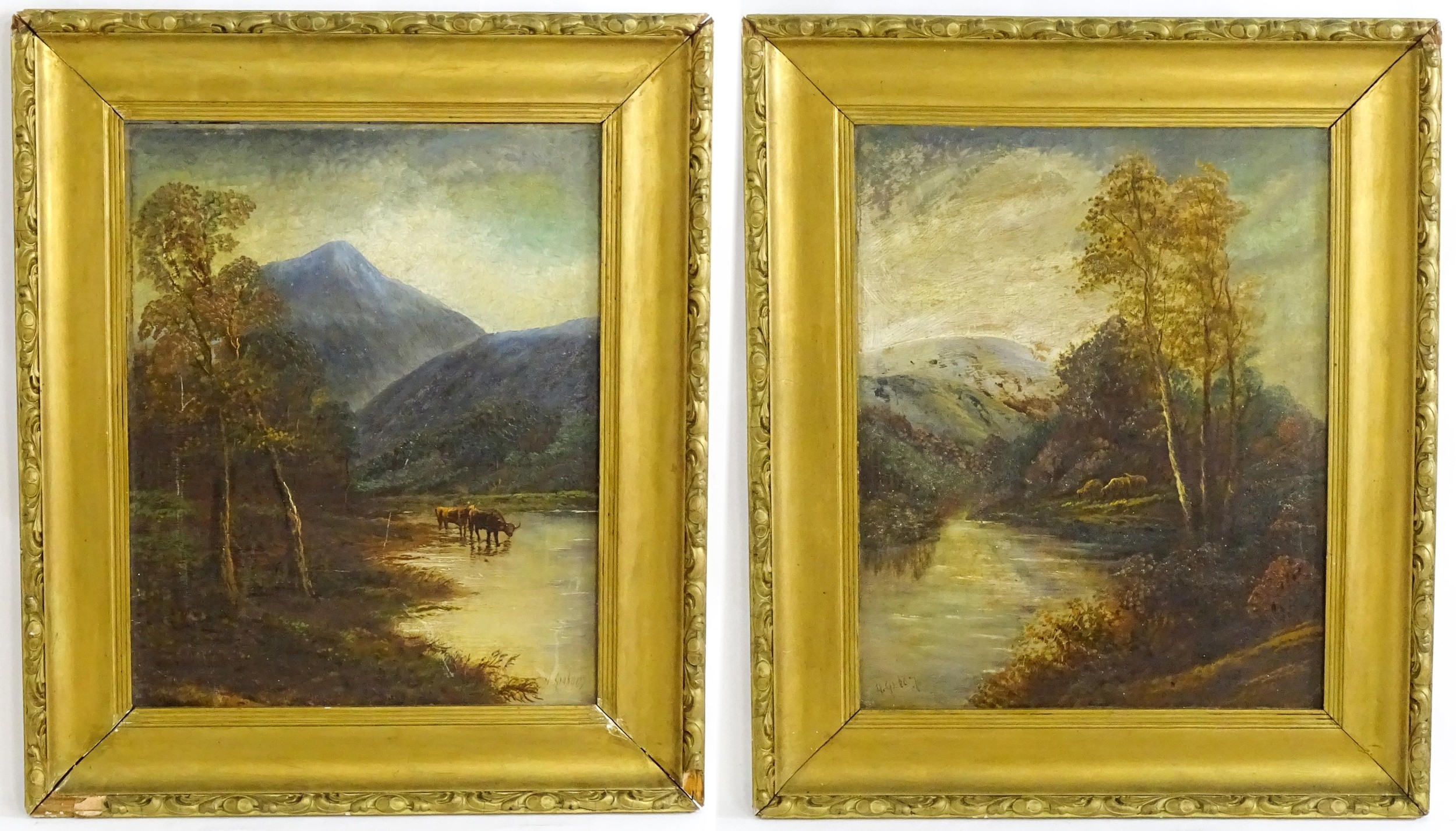 Artwork by Henry Graham, A pair of mountain river landscapes with cattle. Both signed lower. Approx. 19 1/2" x 15 3/4" (2), Made of Oil on board