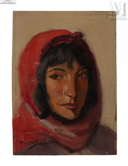 Portrait de jeune femme au voile rouge by Maurice Bismouth