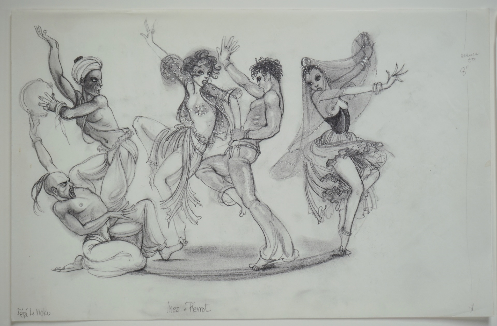 Artwork by Hilary Knight, Four Costume Design Illustrations from "Pepe Le Moko", Made of Watercolor and pencil on paper