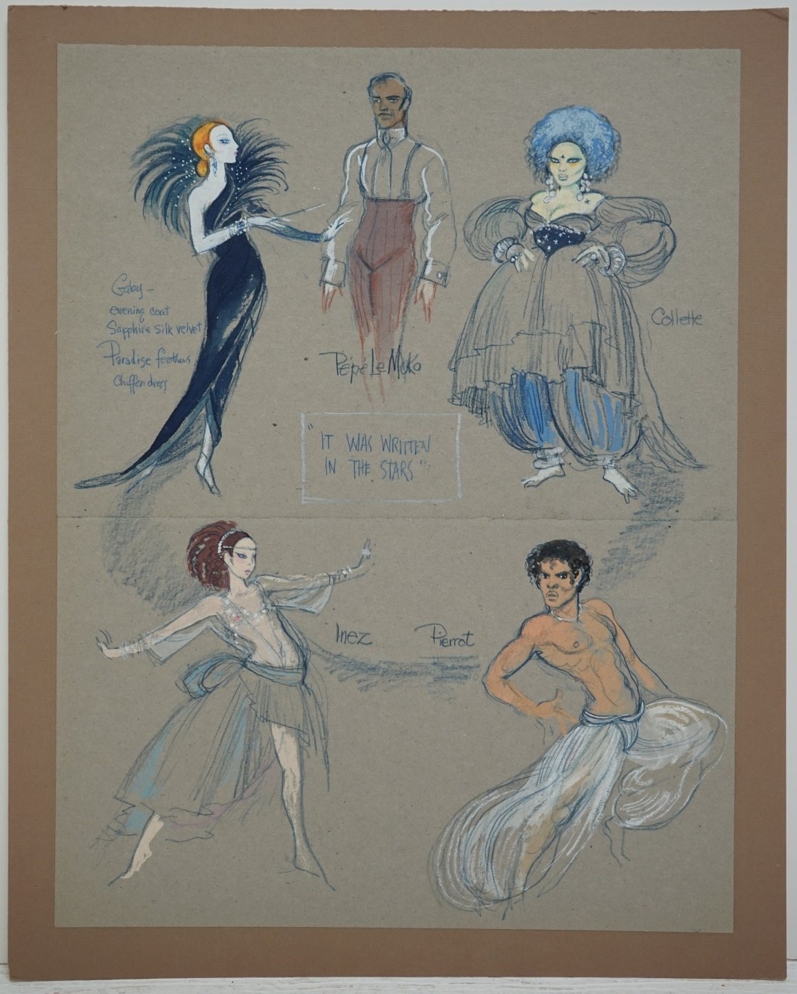 Artwork by Hilary Knight, Four Costume Design Illustrations from "Pepe Le Moko", Made of Watercolor and pencil on paper