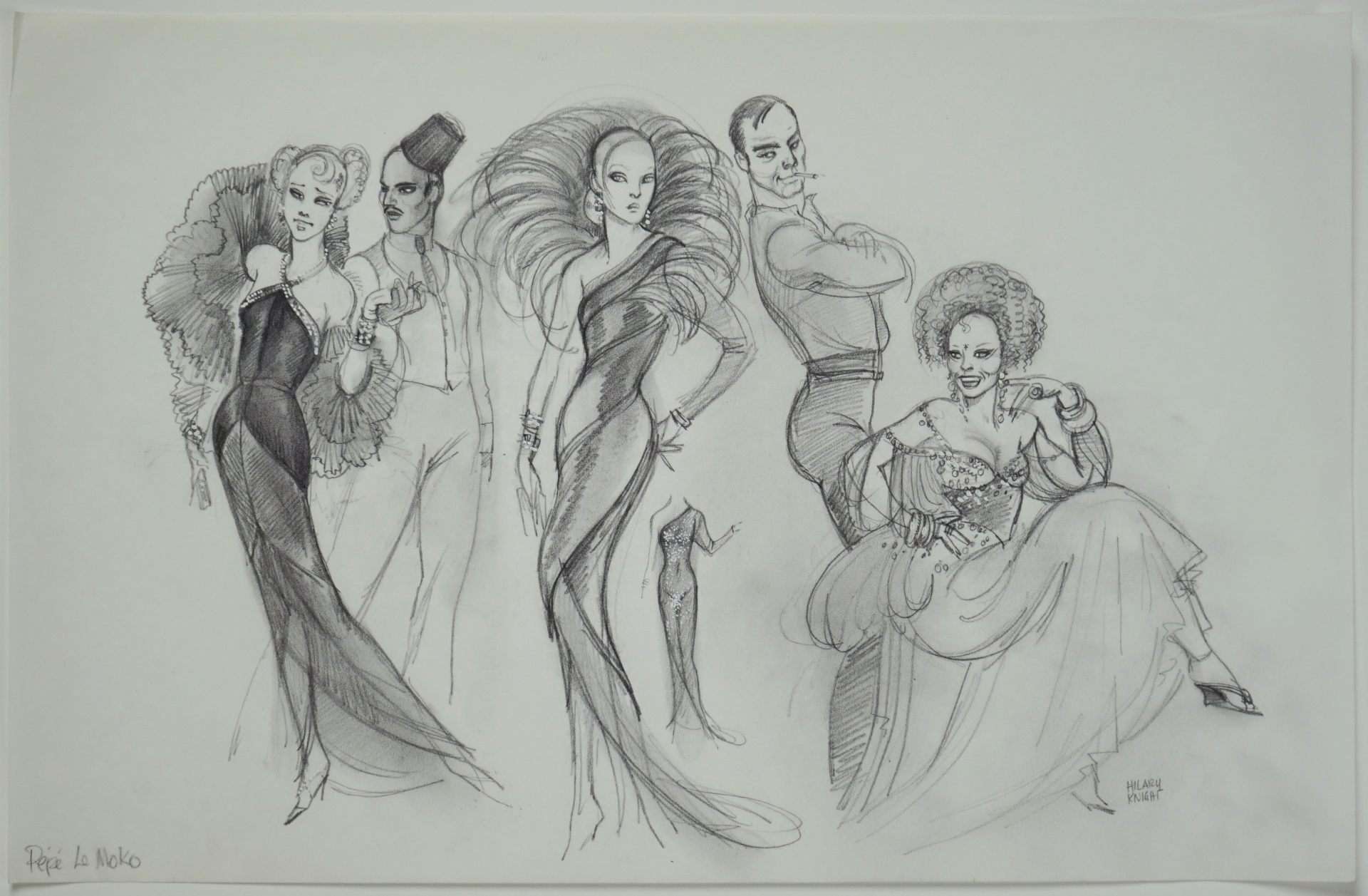 Artwork by Hilary Knight, Four Costume Design Illustrations from "Pepe Le Moko", Made of Watercolor and pencil on paper
