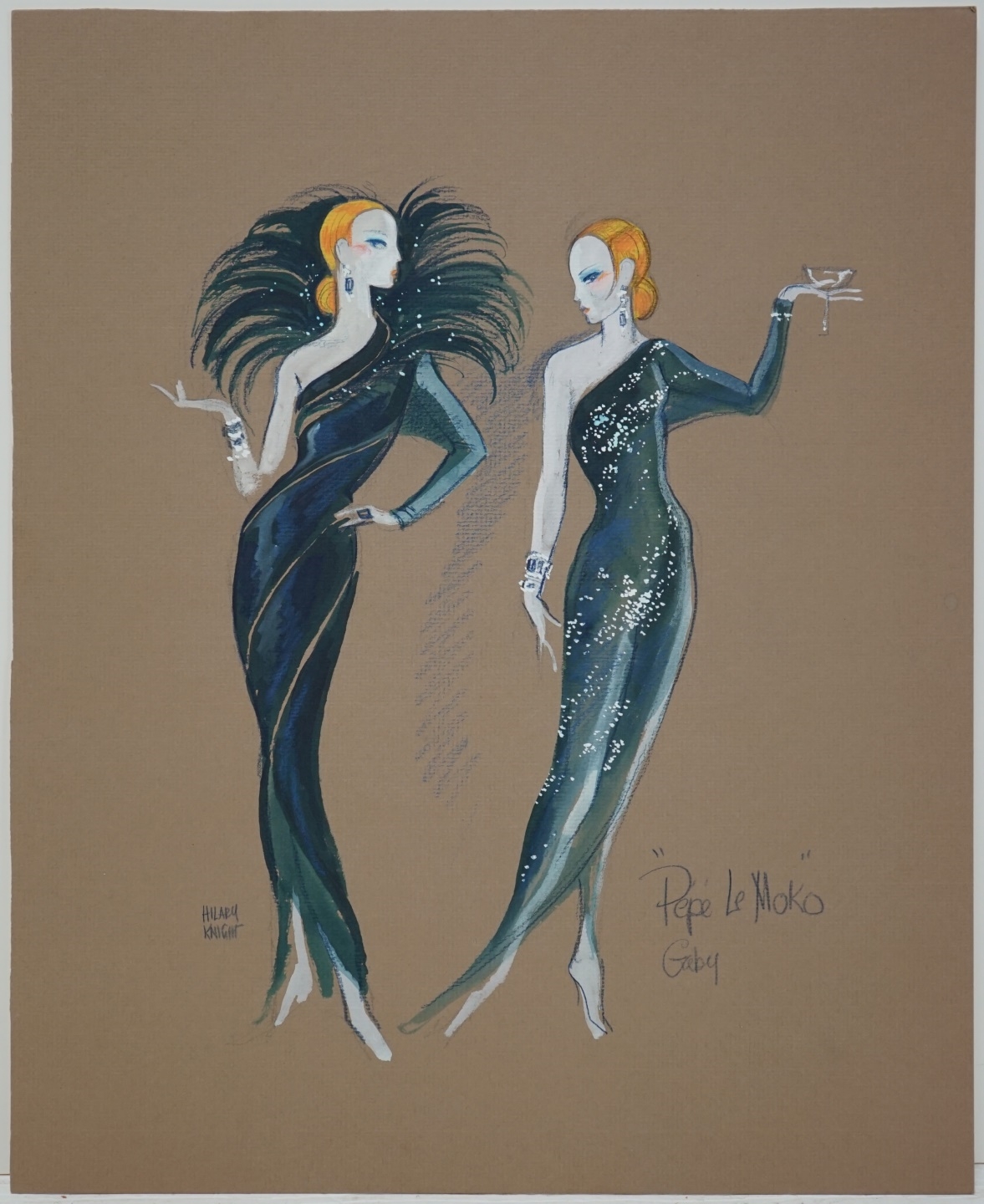 Artwork by Hilary Knight, Four Costume Design Illustrations from "Pepe Le Moko", Made of Watercolor and pencil on paper