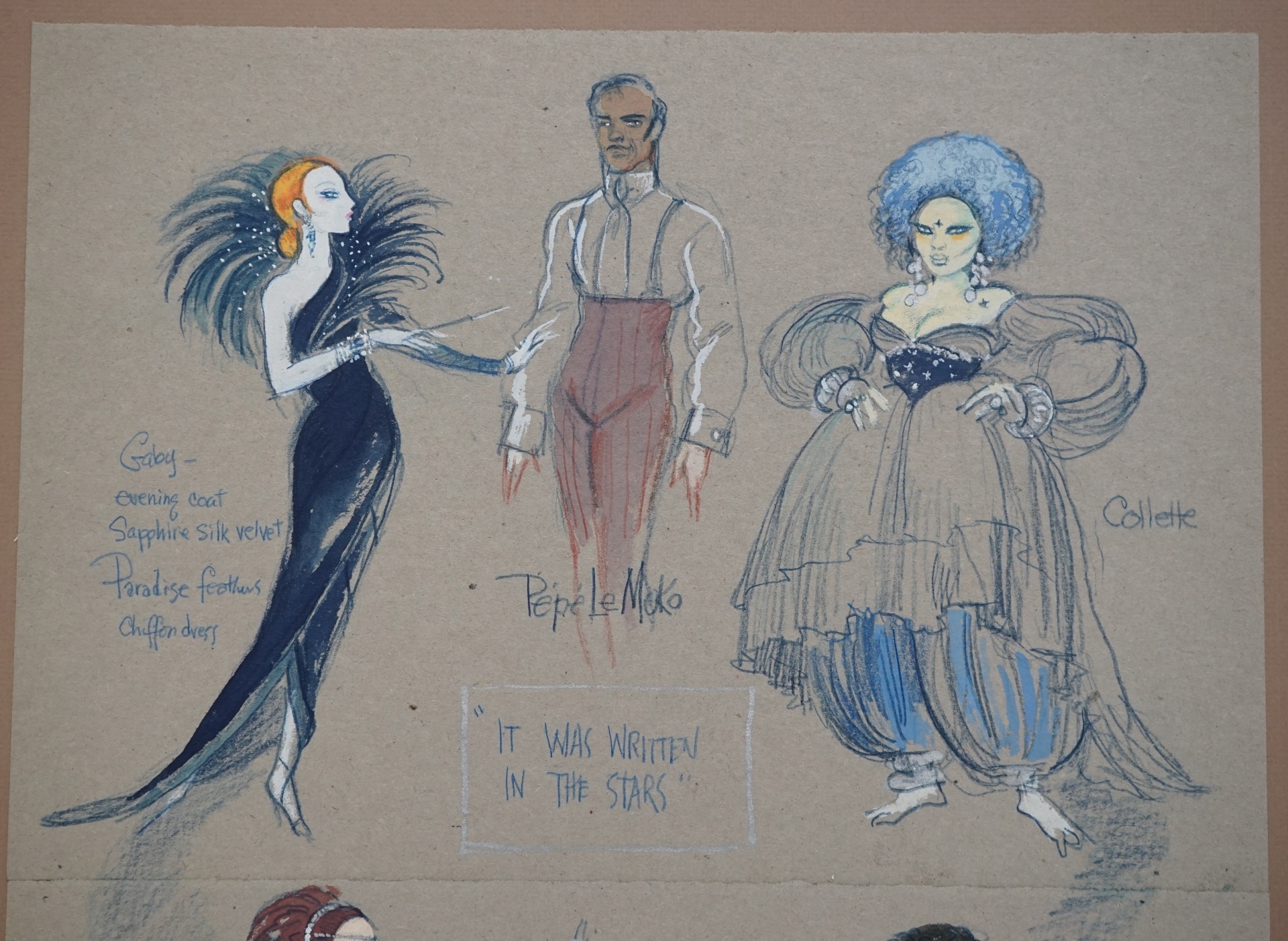 Artwork by Hilary Knight, Four Costume Design Illustrations from "Pepe Le Moko", Made of Watercolor and pencil on paper