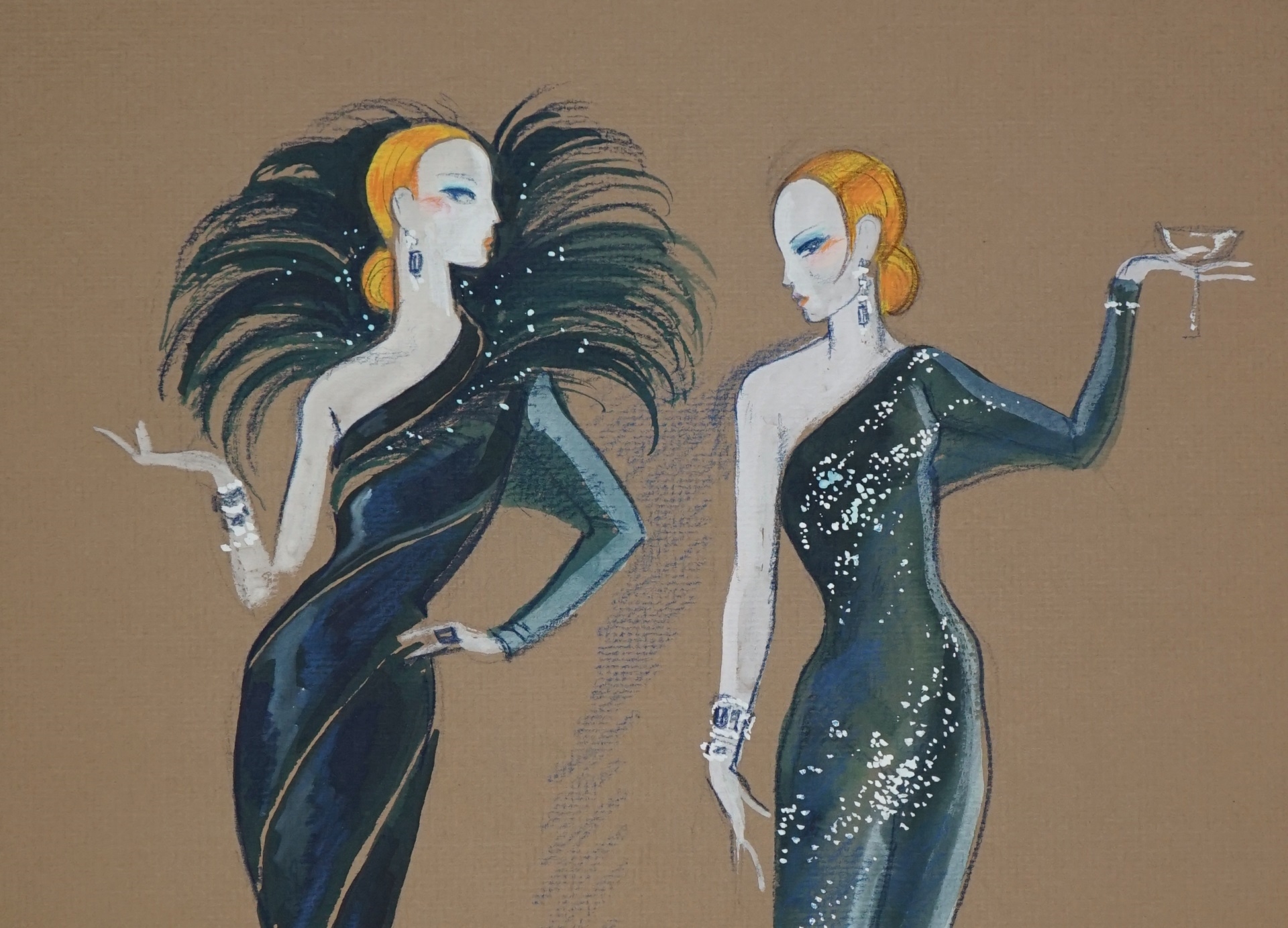 Artwork by Hilary Knight, Four Costume Design Illustrations from "Pepe Le Moko", Made of Watercolor and pencil on paper