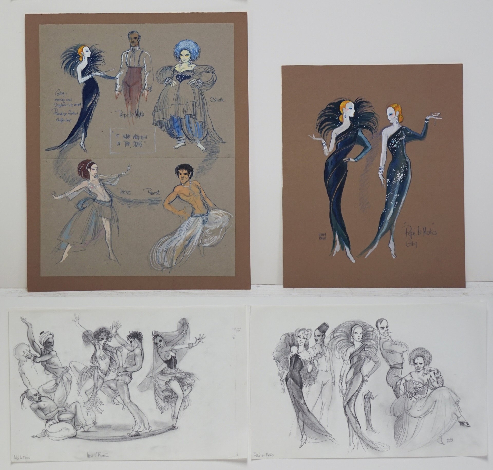 Artwork by Hilary Knight, Four Costume Design Illustrations from "Pepe Le Moko", Made of Watercolor and pencil on paper
