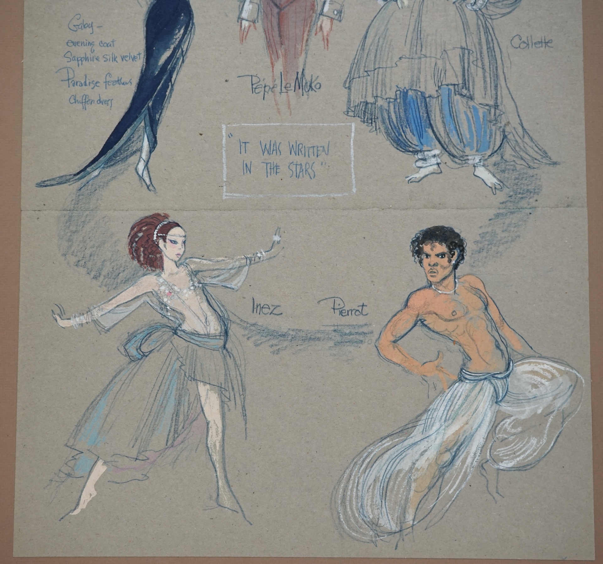Artwork by Hilary Knight, Four Costume Design Illustrations from "Pepe Le Moko", Made of Watercolor and pencil on paper