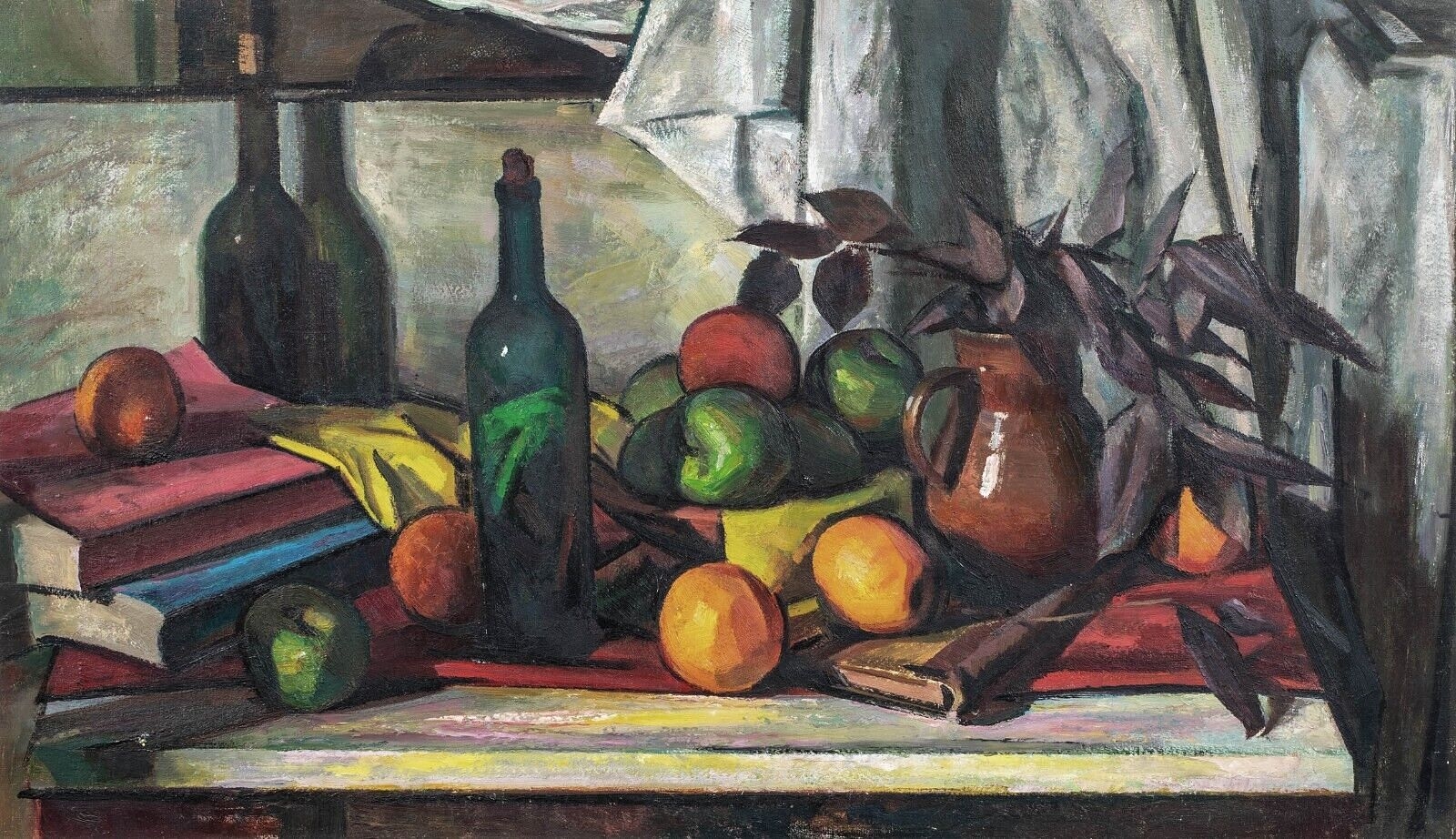 STILL LIFE OF BOOKS, BOTTLES AND FRUITS OIL PAINTING by Paul Cézanne, 19th century
