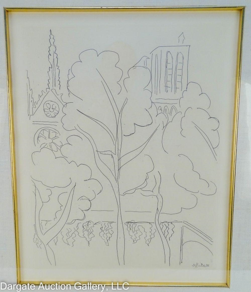 Artwork by Paul Matisse, b. 1933) La Cite  Notre Dame Etching. Signed in plate, Made of glass in gilt wood