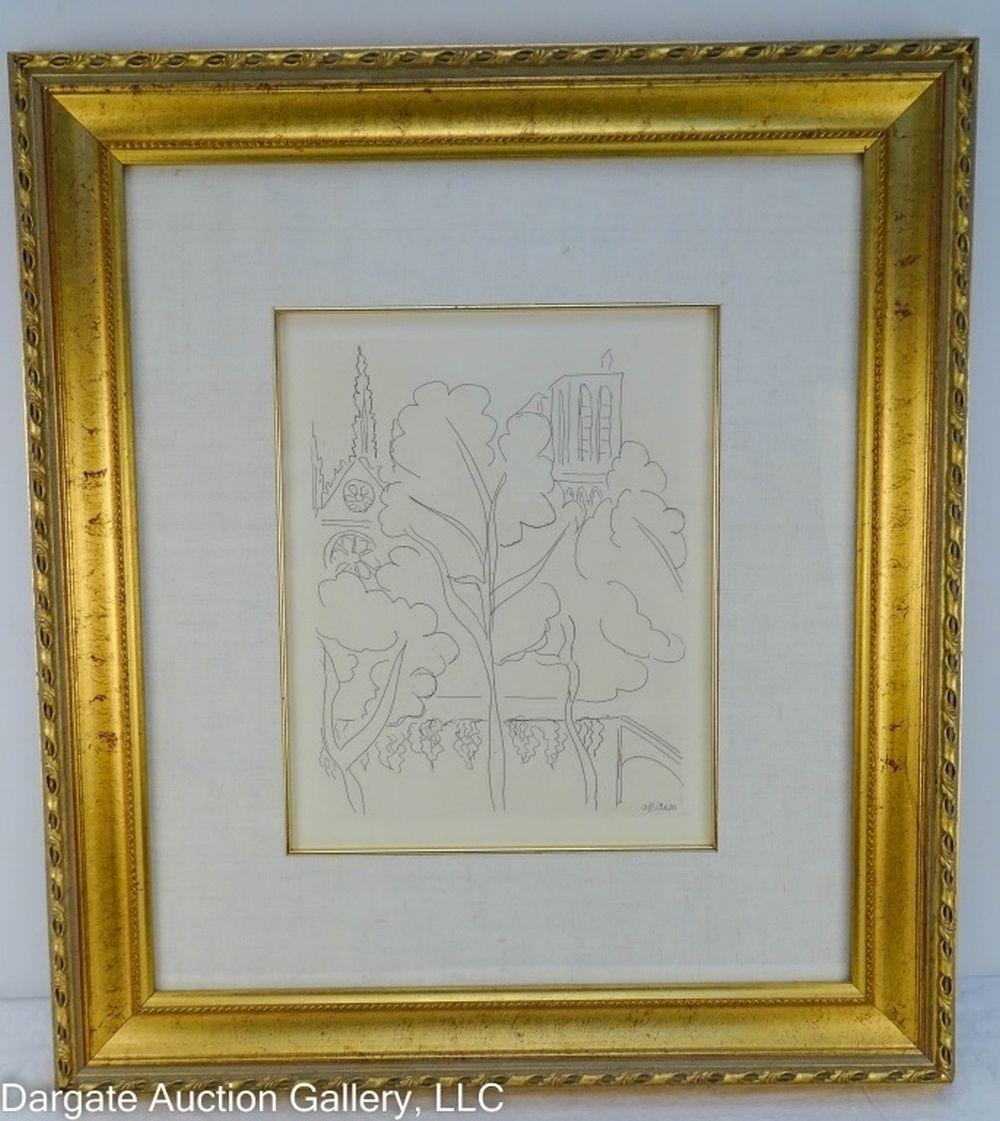 Artwork by Paul Matisse, b. 1933) La Cite  Notre Dame Etching. Signed in plate, Made of glass in gilt wood