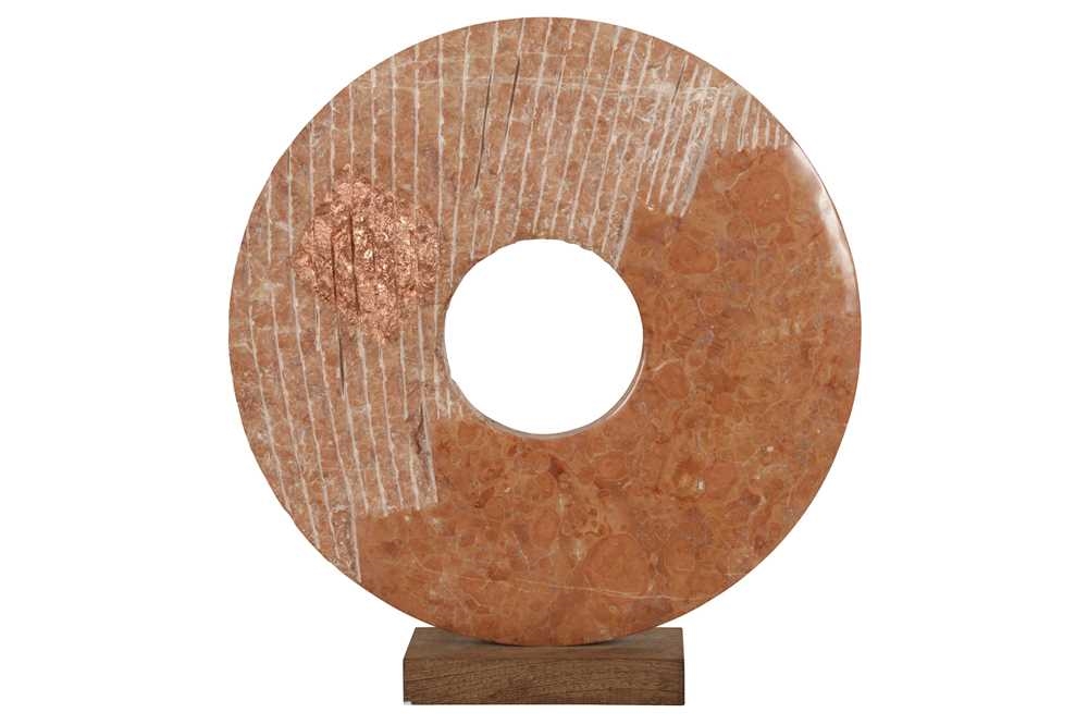 Artwork by Alexia Weill, 
Complementary energy
sienna marble with copper 
high) (including the wooden base), Made of leaf on a wooden base