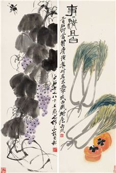 Grapes and Dragonfly； White Cabbages and Persimmon - Qi Baishi