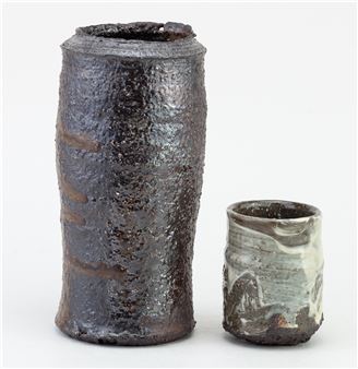 a cylindrical wood fired grogged stoneware vase with incised decoration - Adam Frew