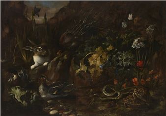 A forest floor with a porcupine, rabbit, ducks, tortoises and a snake - Paolo Porpora
