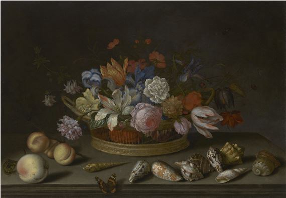 Tulips, roses and other flowers in a basket on a table, with shells, fruit, a lizard and a butterfly by Balthasar van der Ast, 1593