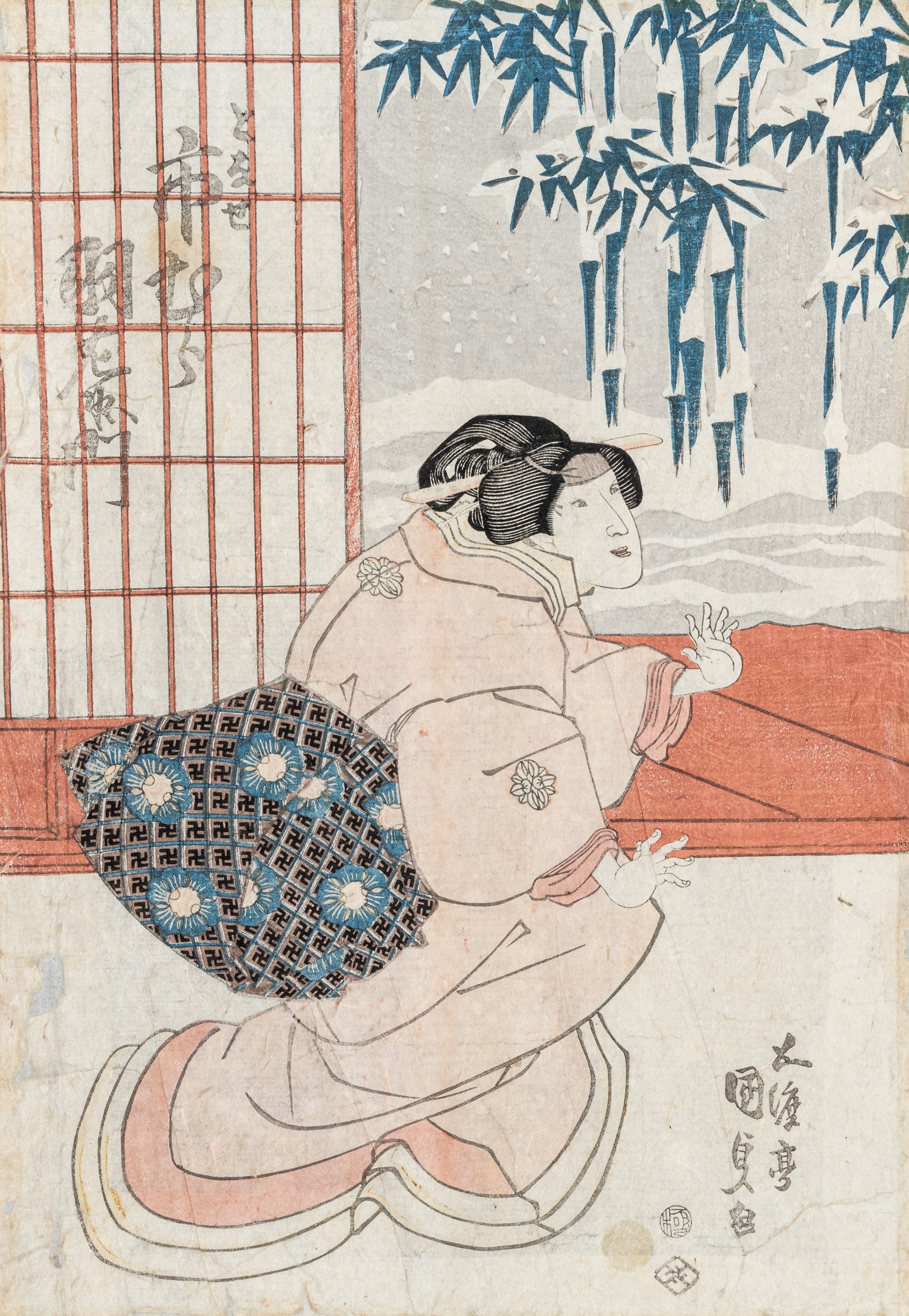 : A COLOR WOODBLOCK PRINT OF A WOMAN by Utagawa Kunisada, 19th century