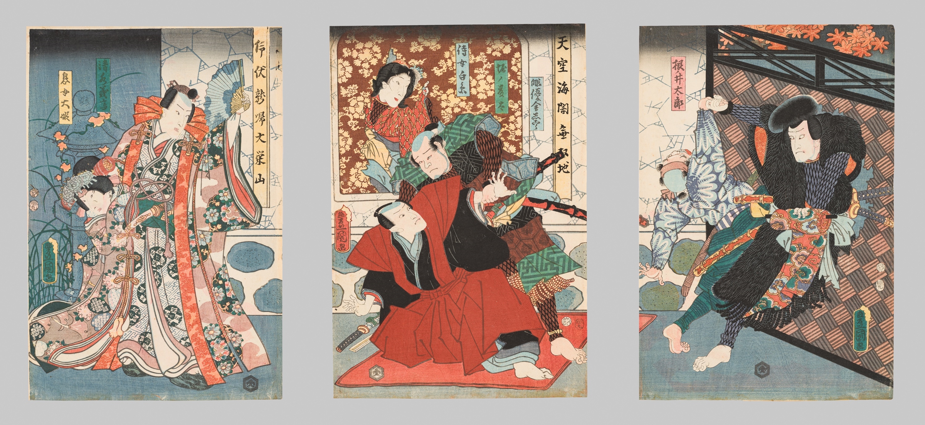 UTAGAWA KUNISADA I AND UTAGAWA HIROSHIGE II: TRIPTYCH OF NENO-I TARO FIGHTING A GUARD