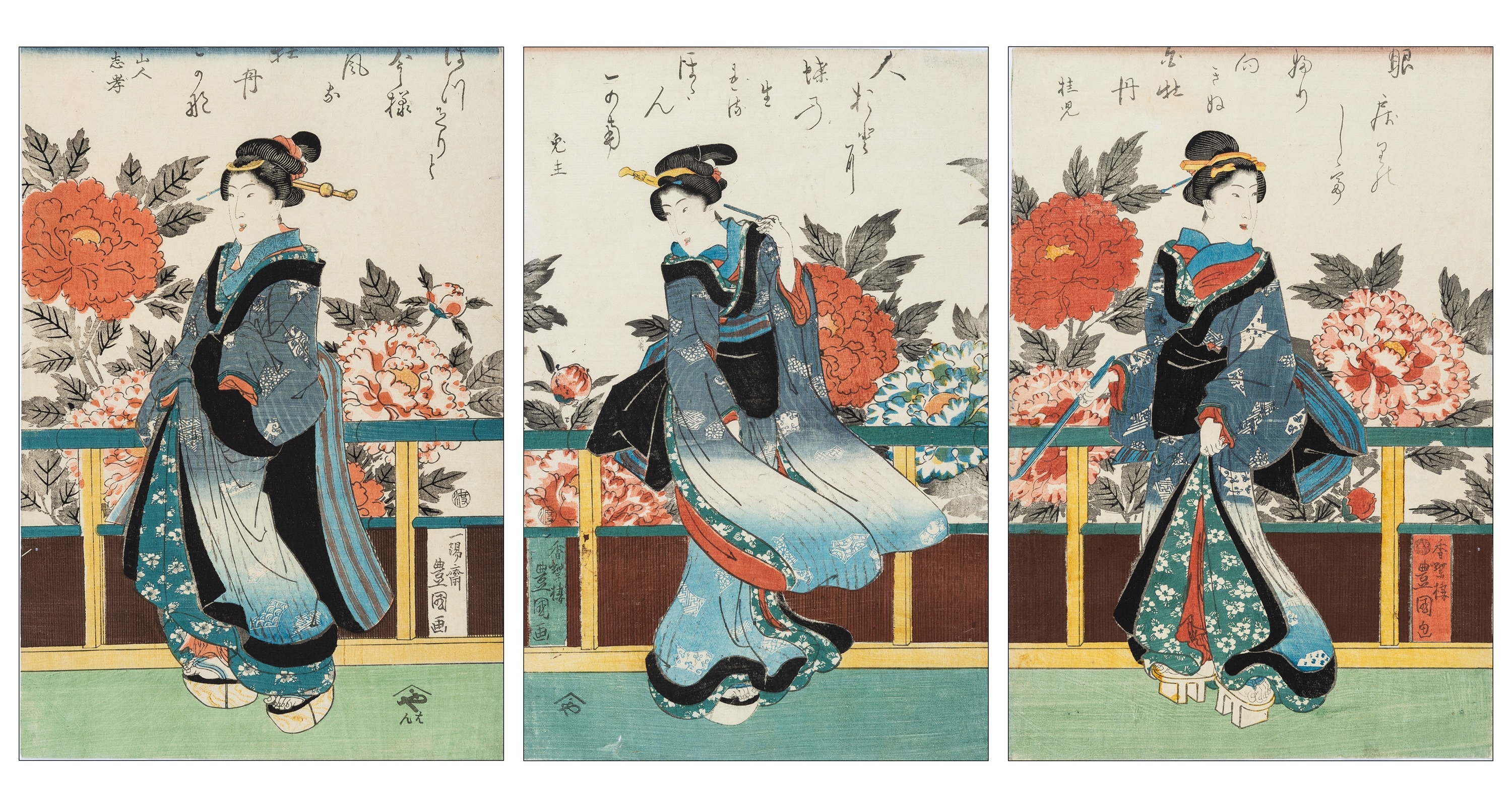 UTAGAWA KUNISADA I: TRIPTYCH OF BIJIN WITH PEONIES by Utagawa Kunisada