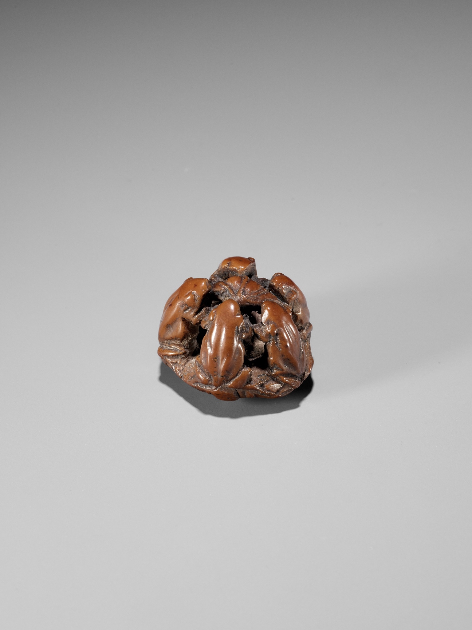 Seimin Chû | A RARE NUT NETSUKE OF FIVE FROGS ON A LOTUS LEAF ...