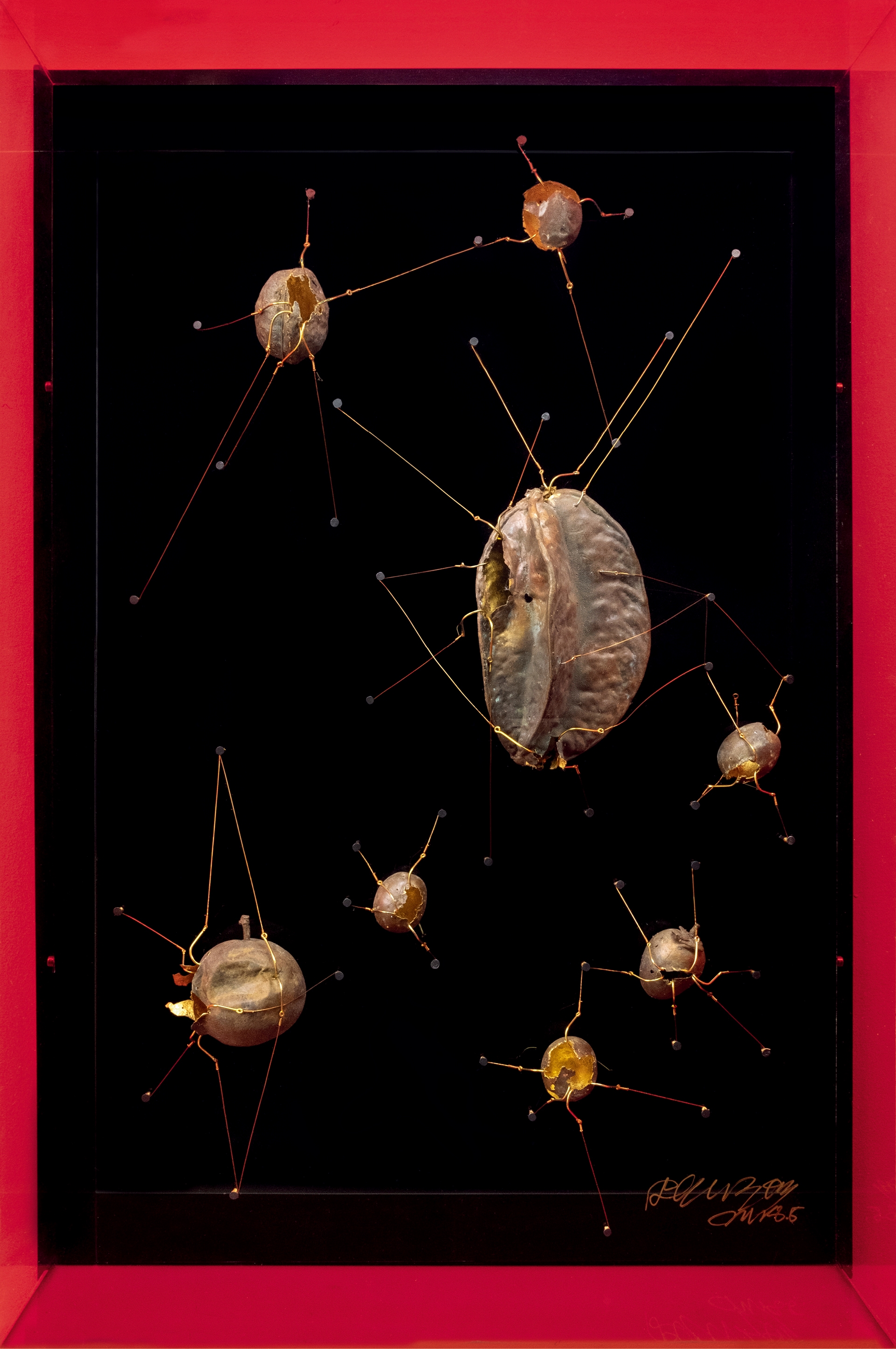 Artwork by Shi Jinsong, Golden Cicada Escapes NO.13, Made of Electroplated copper with gold foil, acrylic, fish hook, enameled wire