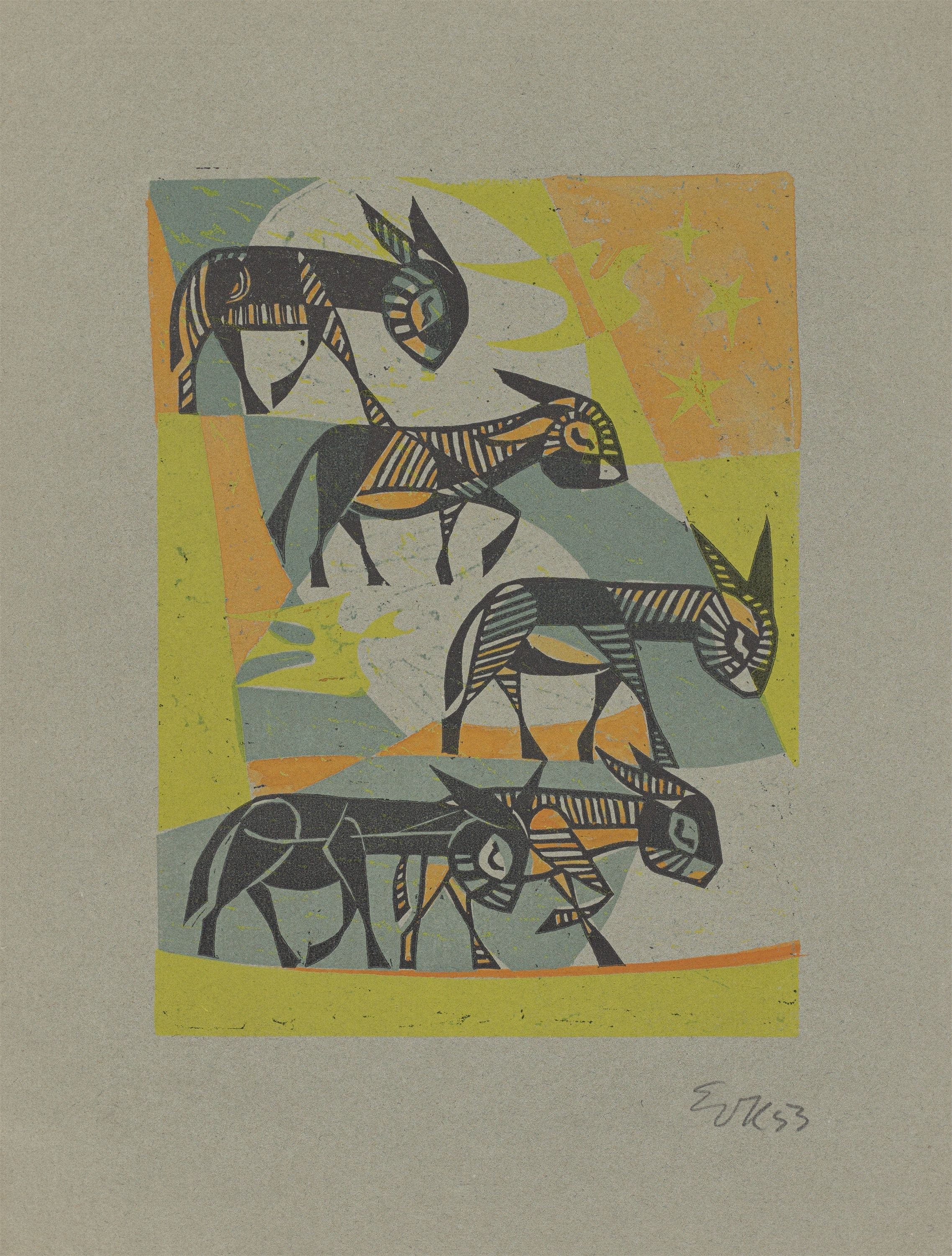Artwork by Ernst Otto Köpke, Donkeys., Made of colour woodcuts