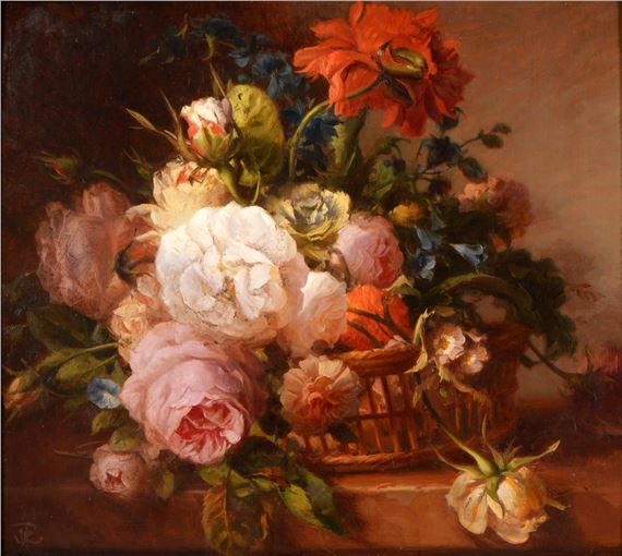 - Roses and other Flowers in a Basket on a Ledge, by John R. Townsend