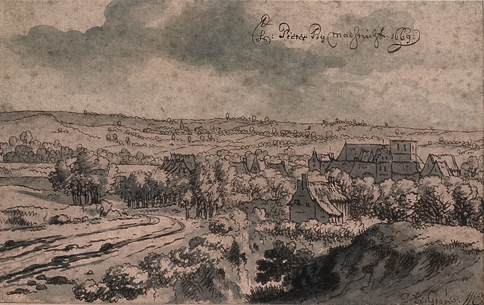 Artwork by Josua de Grave, View of St. Peter’s Church, near Maastricht, Made of Pen and brown ink and wash