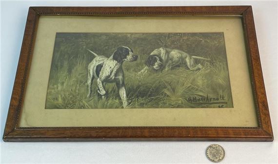 Two Hunter Pointer Dogs 1895 Chromolithograph Print FRAMED by Gustave Muss-Arnolt