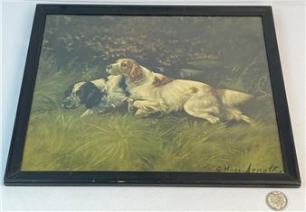 Two Hunter Dogs &quot;Now For The Flush&quot; c. 1898 Print FRAMED - Gustave Muss-Arnolt