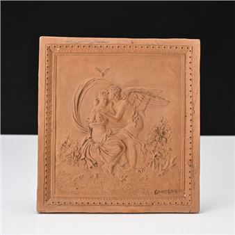 Love and ¨Psyche Terracotta plaque in relief, signed - Claude Gondran