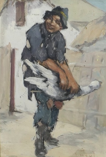 Artwork by Istvan Varga, Poberta s husou, Made of oil on plywood