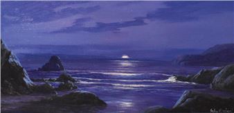 A moonlit coastal landscape with rocks to the foreground - John Michael