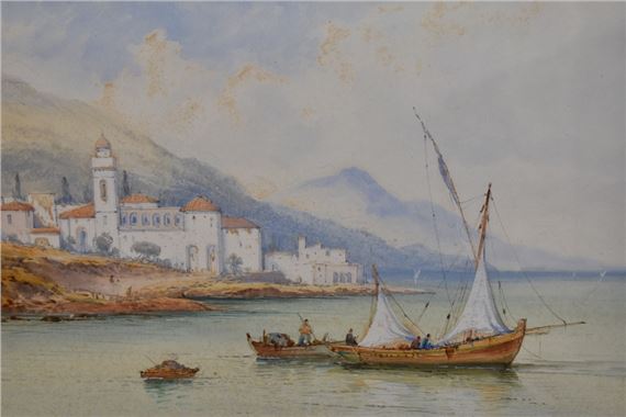 An Italian coastal landscape with fishing boats to the foreground
