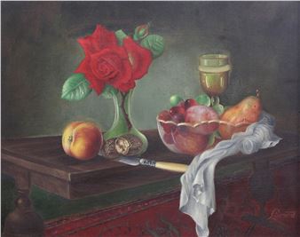 Still life of fruit in a glass bowl, vase of red roses and a wine glass on a table - Eustace Liscard