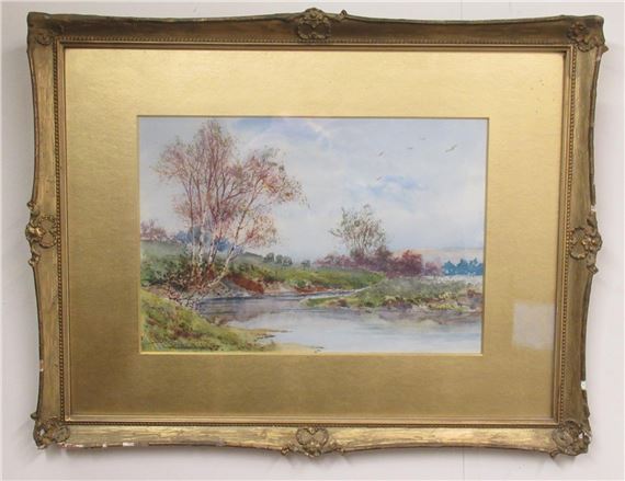 ; Sheep grazing in a wooded riverside meadow, - Albert Edward Boler