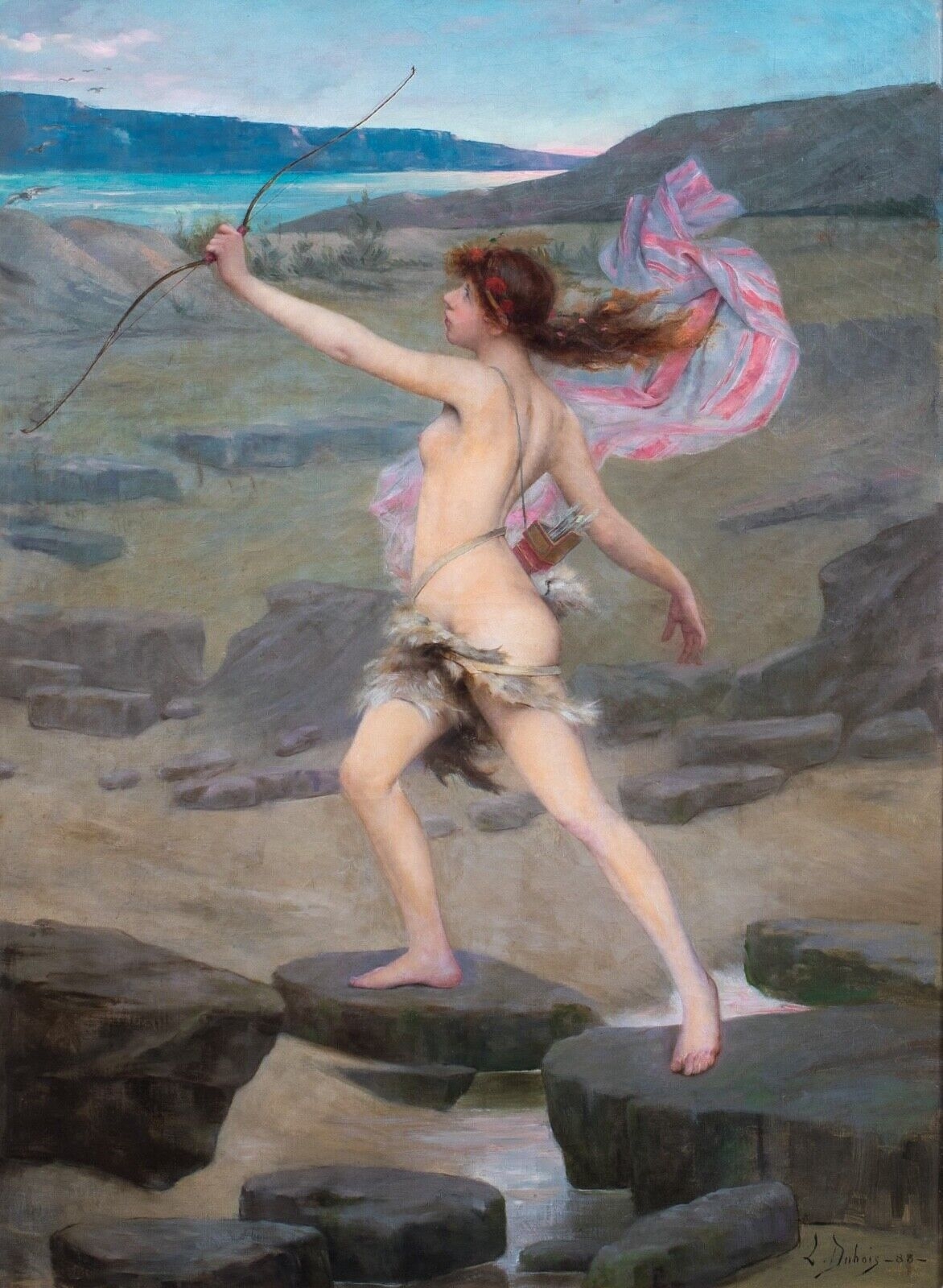 PORTRAIT OF A NUDE GIRL AS HUNTRESS DIANA by French School, 19th Century, 19th century