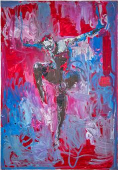 A dynamic abstract painting featuring a dark, sculptural figure emerging from a vibrant red and blue background.