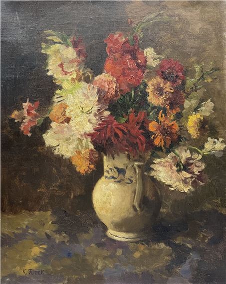 Still Life of Chrysanthemums and Flowers in a Vase by Karl Tucek
