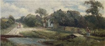 Feeding Chickens by Country Stream - J. C. Morley