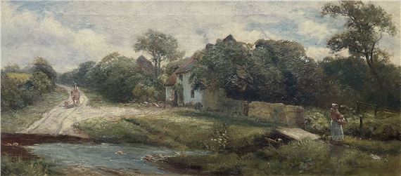 Feeding Chickens by Country Stream - J. C. Morley