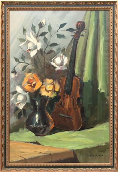 Depicting a still life of roses in a vase with a violin by Beppi Grimani