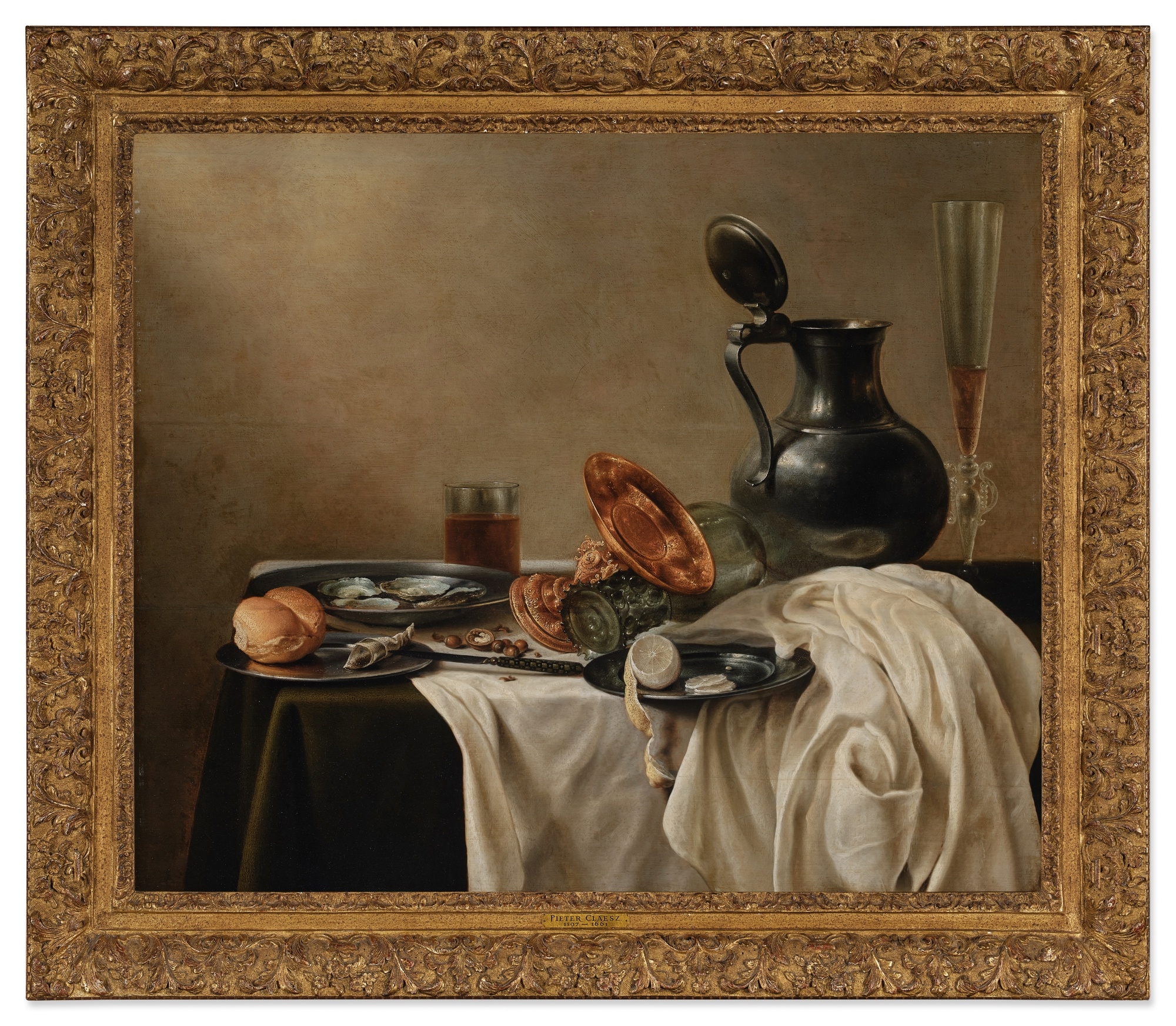 Artwork by Pieter Claesz, Still Life with a Gilt Tazza, a Pewter Jug and a Fluted Wine Glass, Together with a Lemon, a Bread Roll, Oysters and Tobacco on Plates, All on a Wooden Table Draped with Dark Green and White Cloths, Made of oil on panel panel