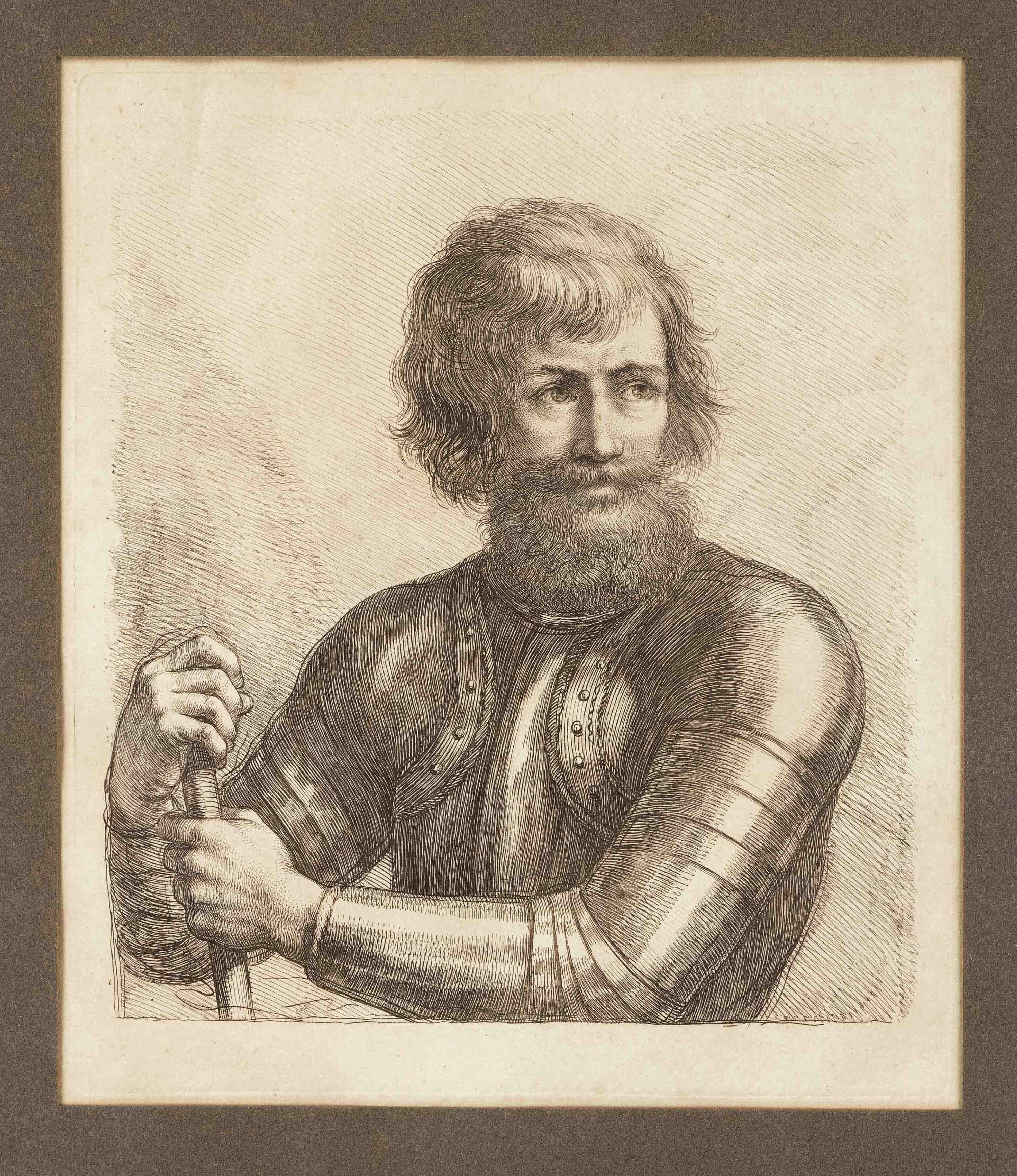 Half-length portrait of a bearded soldier in armor by Francesco Bartolozzi