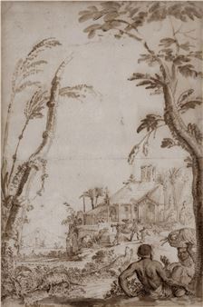 An exotic landscape, with two figures in conversation under a tree, an armadillo nearby - Romeyn de Hooghe