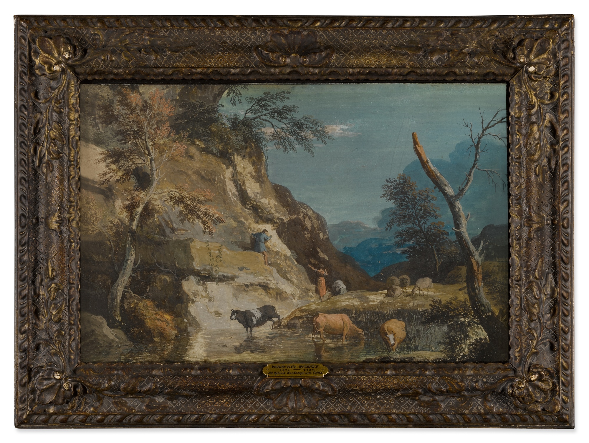 Marco Ricci | An upland landscape with cattle at a pool, sheep and ...