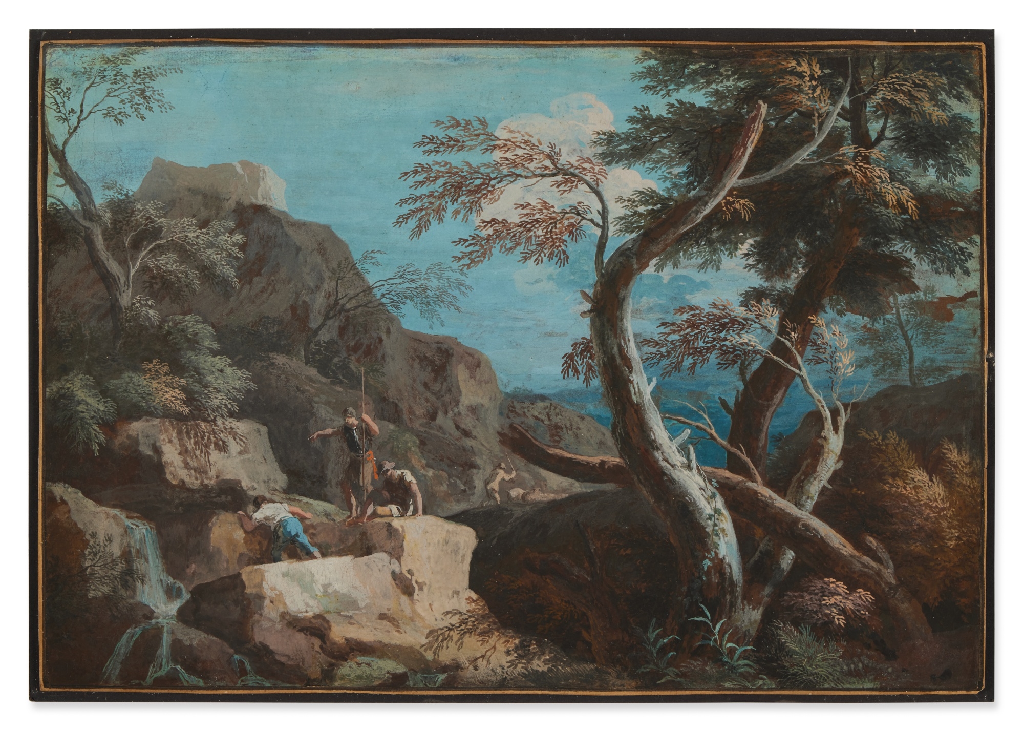 Marco Ricci | A rocky wooded landscape with three peasants at a ...