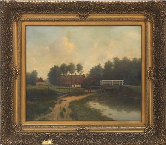 Polderlandschap met brug en boerderij in de achtergrond - George Frederik Teijssen